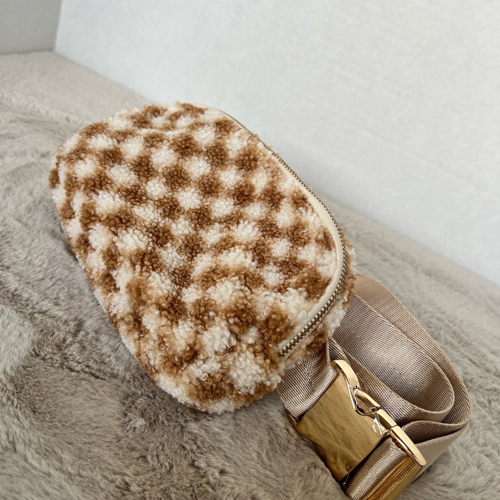 Stylish Brown and Cream Checkered Women Belt Bag